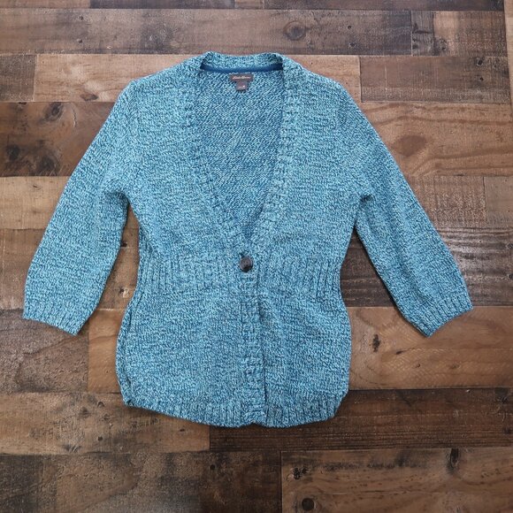 Eddie Bauer Womans Medium Blue Knit 3/4 Sleeve One Button Cardigan Sweater - Picture 1 of 3